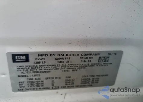 2020 Chevrolet Trax 1Lt z USA, uszkodzony, nr VIN KL7CJLSB8LB028581